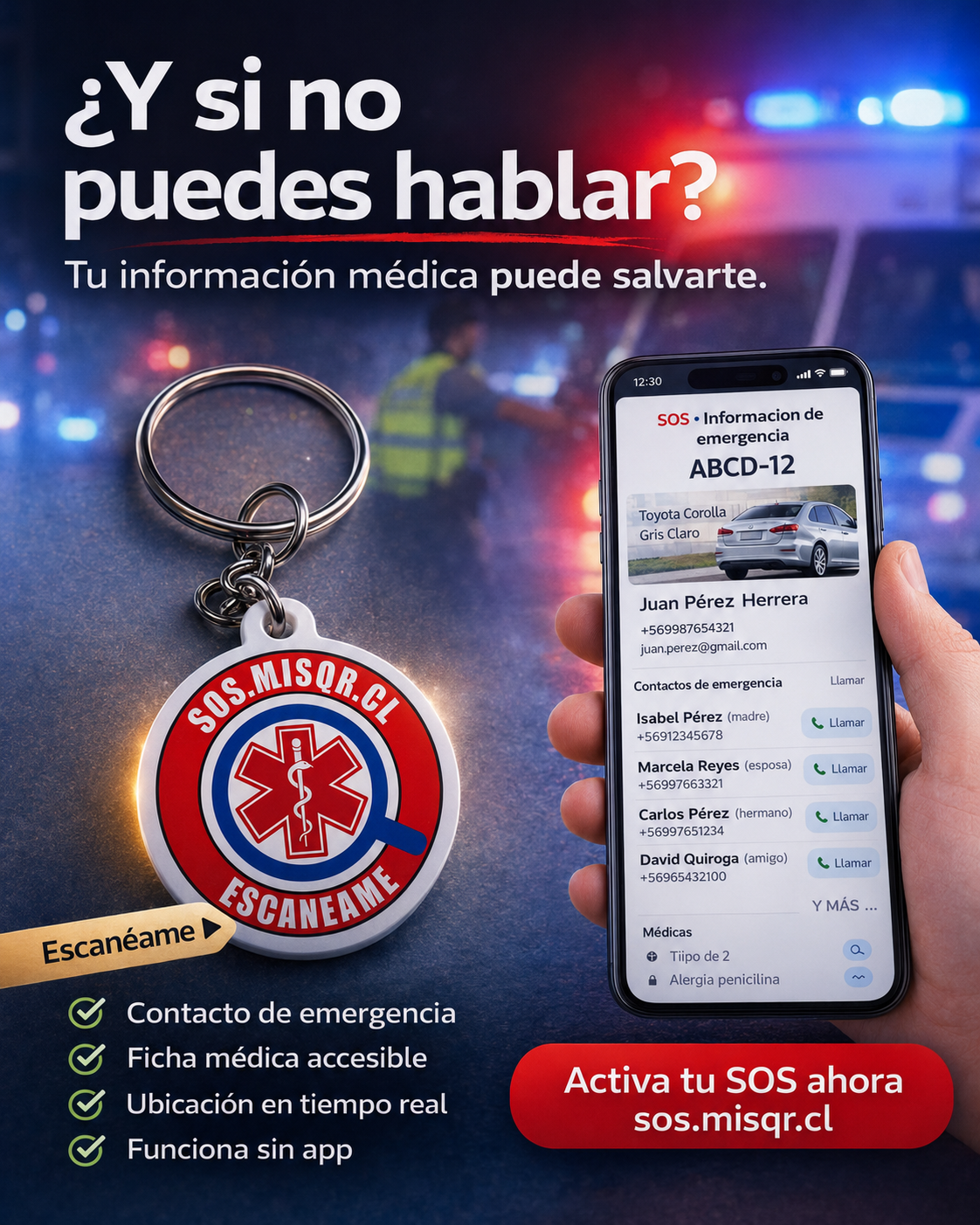 Llavero SOS emergencia QR