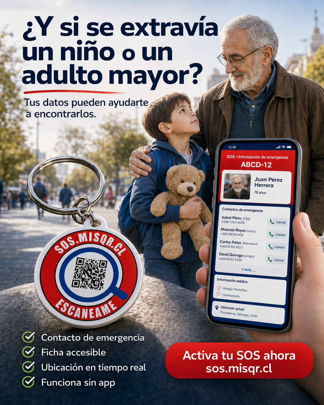 Llavero SOS emergencia QR